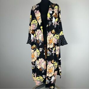 Roz & Ali Duster Kimono Womens Plus Size 2X Floral Polka Dot Side Slits Boho NEW